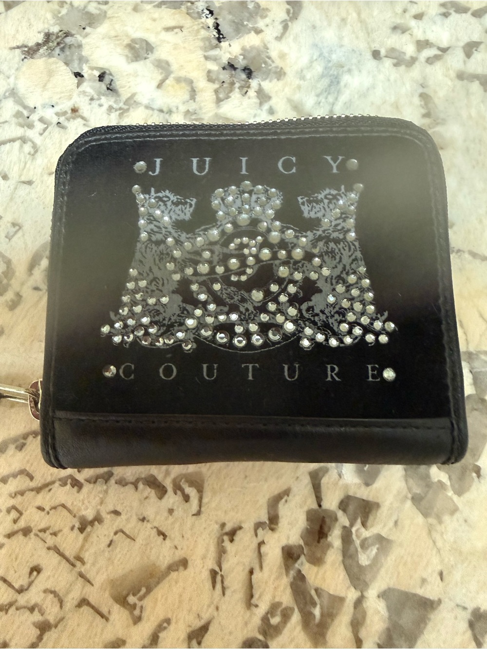 Juicy Couture vintage Black Patent Rhinestone Crest Zip Around Wallet